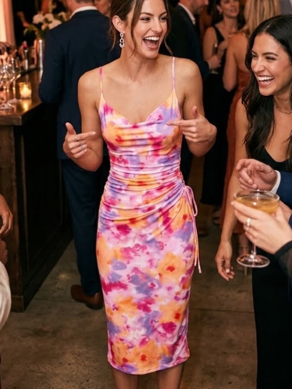 New Vibrant Babe Floral Tie-Dye Cowl Neck Midi Dress - Pink & Yellow Sz Medium
